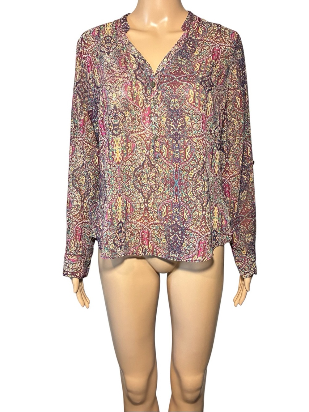 A.N.A Women's Blouse PS Paisley Sheer Roll Tab Long Sleeve 100% Polyester Top